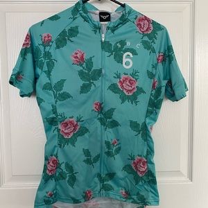 Twin Six Cycling Jersey Women Size Medium Aqua Embroidery Like Print